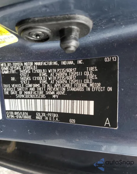 2013 Toyota Sienna Xle from USA, damaged, VIN 5TDYK3DC9DS352385